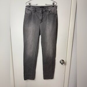 Eileen Fisher faded black/gray organic cotton tapered ankle high waist jeans 10